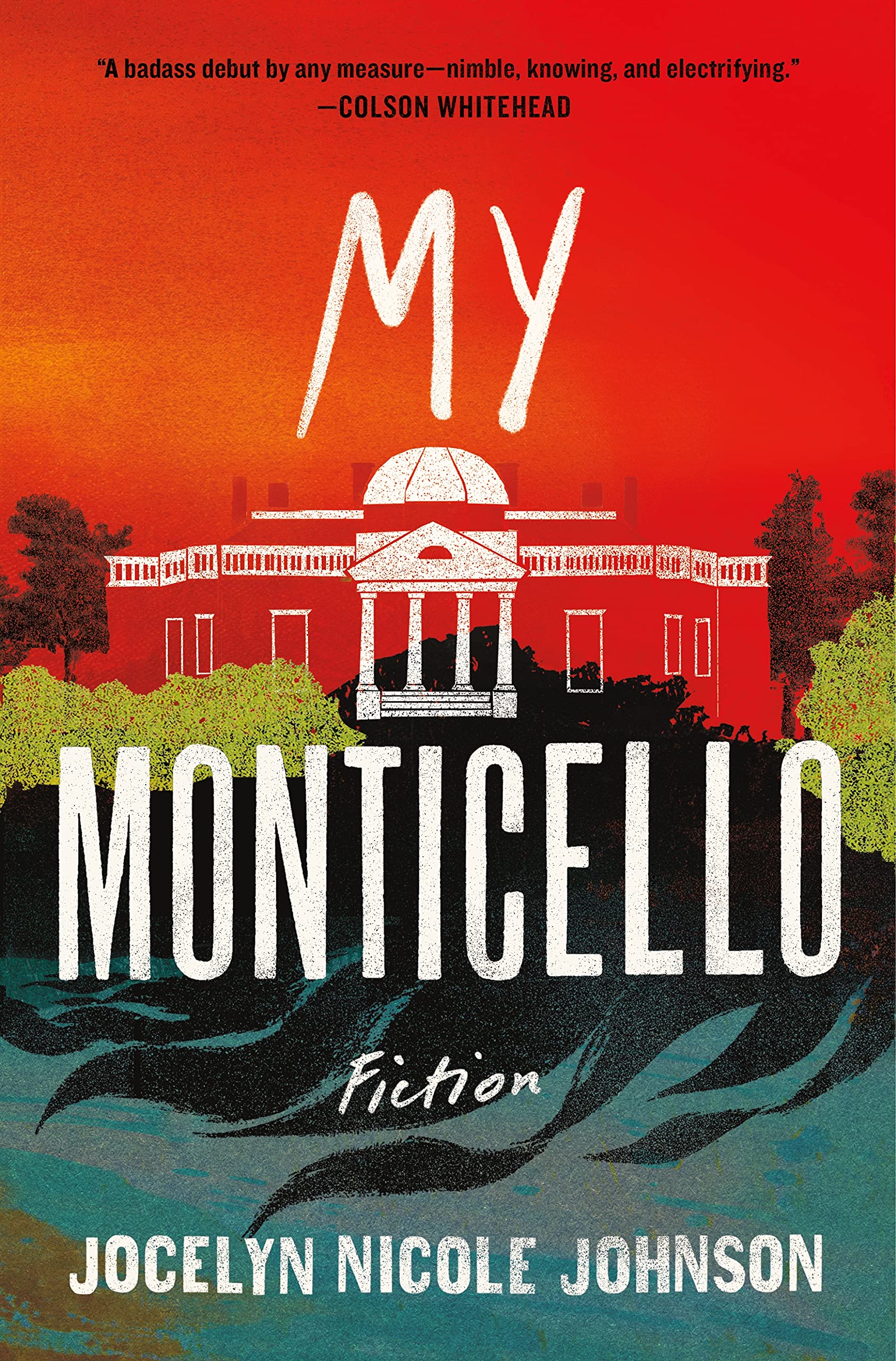 Cover of My Monticello, a white line drawing of Monticello over a red sky and black flames