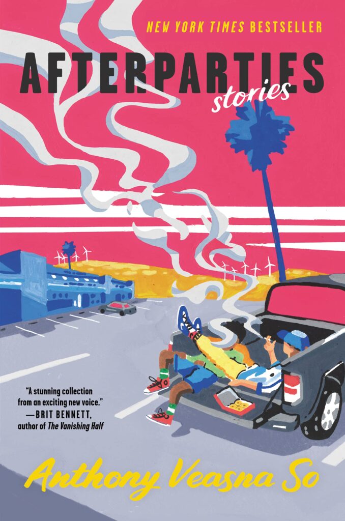 The cover of Afterparties, with a pink sky and two boys smoking in a pickup truck