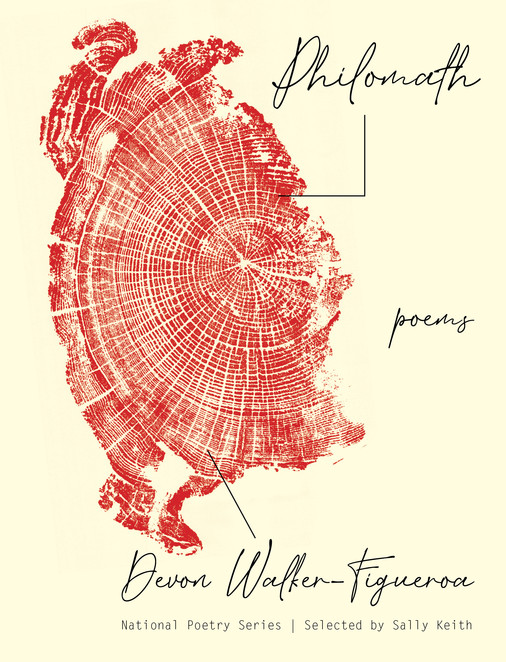 The cover of Philomath, a red, partial engraving of a tree stump's rings