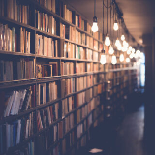 Photo of dimly lit bookcases