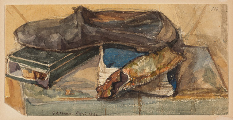 Watercolor with book, shoe, and herring