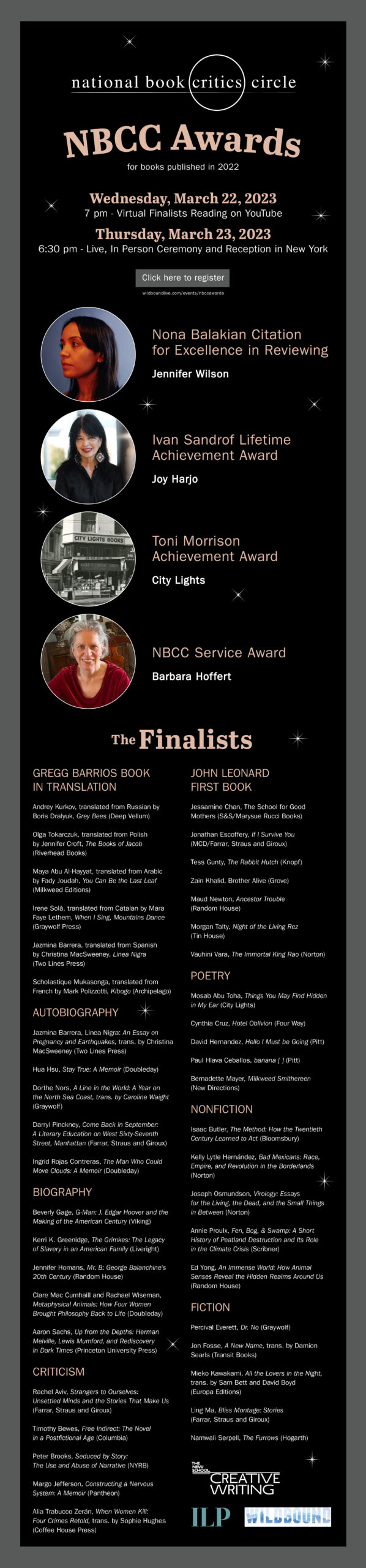 Invitation to the NBCC awards ceremony, reception, and readings